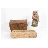 Wicker Woven Box, Owl, & Concrete Planter