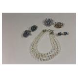Sherman Brooch, Rhinestone Necklace & Earrings
