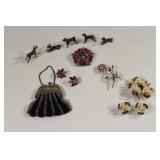 Sherman Brooch Set, Glass Dogs & Beaded Purse