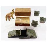 Asian Carved, Painted Jewelry Boxes, Coaster Set