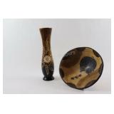 Artisian Etched and Hand Painted Vase and Bowl