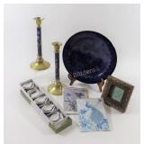 Artisian Pottery Bowl, Candle Sticks, Cards, Bowl