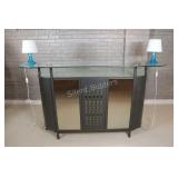 Glass Two Tier Brushed Pewter Portable Bar, Lamps