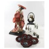 Geisha Doll, Mother of Pearl Coaster Set, Vases