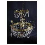 Two Tier Faceted Clear Chandelier, Ornate Brass