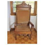 Antique Applied Scroll Wood High Back Arm Chair