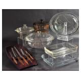 Pyrex Clear & Brown Covered Dishes & Knife Set