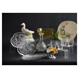 Pressed Glass Decanter, Sandwich Plates & Deco