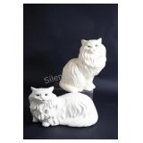 Large Pair of Ceramic White Cats, Sitting & Lying