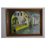 Signed Wood Framed Court Yard  Artwork