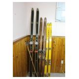 Vintage Wood & Metal Down Hill Skis, Bindings