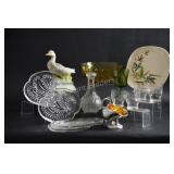 Pressed Glass Decanter, Sandwich Plates & Deco