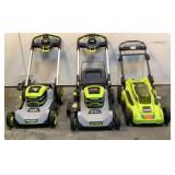 (3) Ryobi Battery Powered Lawn Mowers