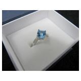 Princess Cut Natural Blue Topaz & Diamond Ring-
