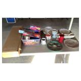 Assorted Glass Cups, Plates, and Cookie Cutters-