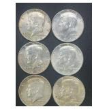 (6) 1964 Kennedy Silver Half Dollars .77344 ASW