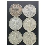 (6) 1928-1943 Walking Liberty Silver Half Dollars