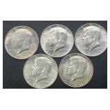 (5) 1964 Kennedy Silver Half Dollars .77344 ASW