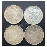 (4) 1921-1923 Morgan & Peace Silver Dollars .77344