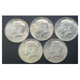 (5) 1964 Kennedy Silver Half Dollars .77344 ASW