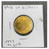 1913 Netherlands Gold 10 Guilder 0.1947oz AGW
