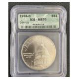 1994 D Capitol Silver Dollar .7734 ASW ICG MS70