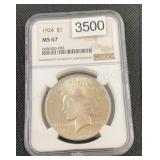 1924 Peace Silver Dollar .7734 ASW NGC MS67