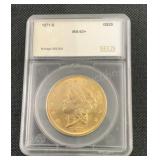 1871 S $20 Liberty Head Gold Double Eagle .9675 AG