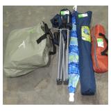 Tent, Air Mattress, Camping Chairs & Umbrella