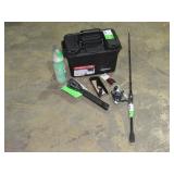 Tackle Box, Fishing Rod, Knife, Bottle, and Lights