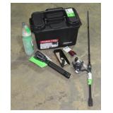 Tackle Box, Fishing Rod, Knife, Bottle, and Lights