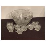 Glass Punch Bowl, 8 Punch Cups, and Plastic Ladle