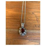 Vintage Sterling Silver + Garnet Pendant + Chain