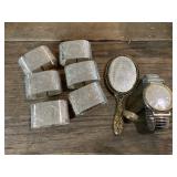 LOT:  Silver Plate Napkin Rings, Mirror, Watch
