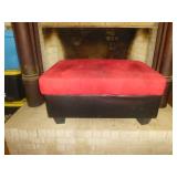 Mid Century Wood & Red Upholstered Hassock