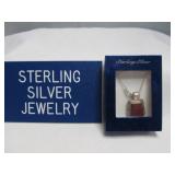 Sterling Silver & Red Stone Pendant & 16" Chain