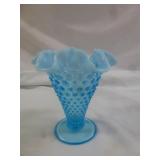 Fenton Blue Opalescent Hobnail Glass Trumpet Vase