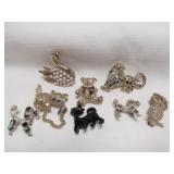 8pc Classic Animal Brooch Pins Kitty, Owl, Poodle+