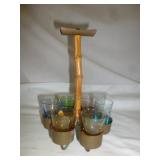 Mid Century Art Glass Bar Set with Bamboo Carrier