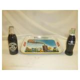 Coca Cola Metal Ad Tray & 2pc Collector Bottle