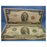2pc Vintage US $2 Bills - Red Seal 1953 & 1976