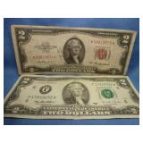 2pc Vintage US $2 Bills - Red Seal 1953A & 1995