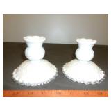 Fenton Spanish Lace Milk Glass Candlestick Pair