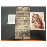 3pc Wood & Wrapped Canvas Western Prints & Sign