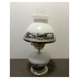Currier & Ives Brass & Milk Glass Hurricane Lamp