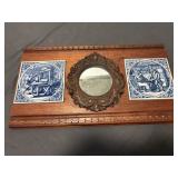 Antique Carved Oak Delft Blue Tile Wall Mirror