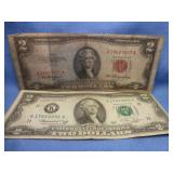 2pc Vintage US $2 Bills - Red Seal 1953 & 1976