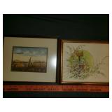 2pc Vintage Framed Water Color Prints