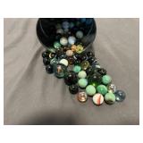 Vintage Glass & Agate Marbles in Metal Coffee Can