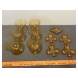 Vintage Amber Glass Sherbet Set & Ashtrays
